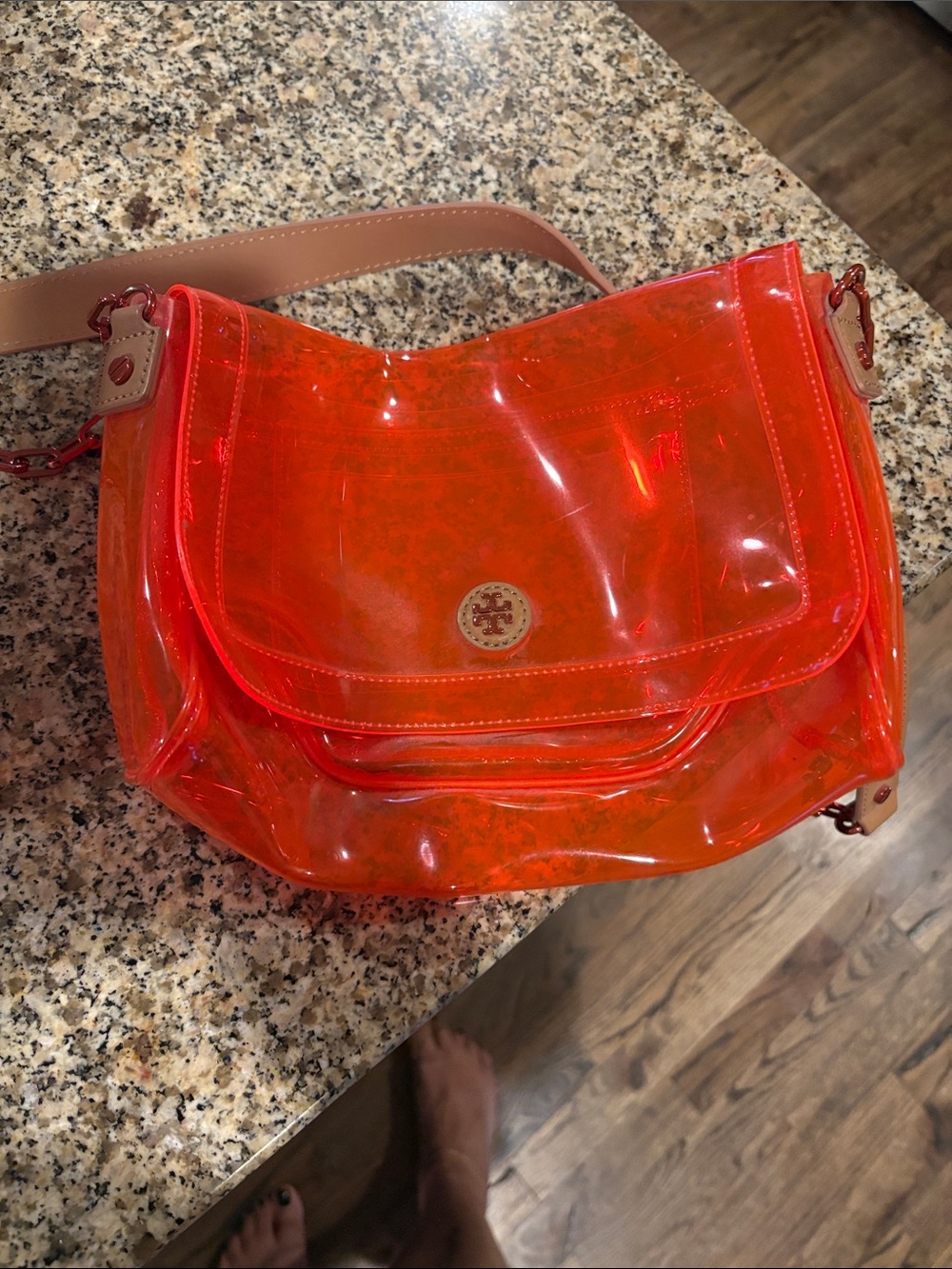 Tory Burch Neon Orange Transparent Vinyl Crossbody with Tan Strap
